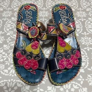 Elite by Corky’s Floral Leather Slide Sandals with Pink Accents